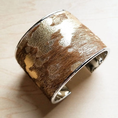 Hair-on-Hide Tan and Gold Cuff Bangle Bracelet