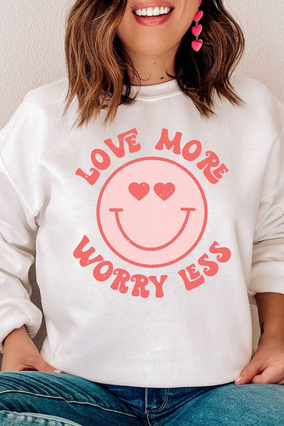 LOVE MORE WORRY LESS HAPPY FACE GRAPHIC SWEATSHIRT