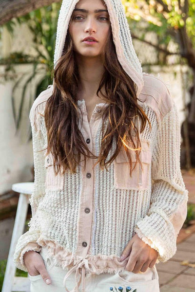 Open Knit Button Down Pocket Hooded Shirt Top - Madison Gable Designs