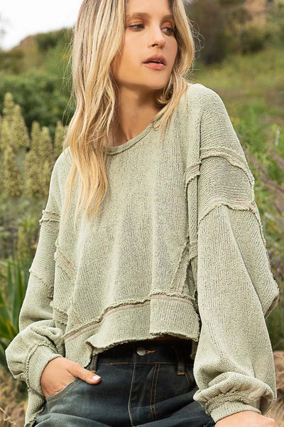 Round Neck Balloon Sleeve Hooded Knit Top - Madison Gable Designs