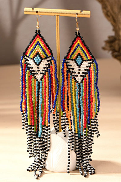6.5 inch Aztec seed bead statement drop earrings - Madison Gable Designs