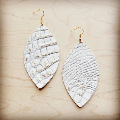 Leather Oval Earring-White and Gold Gator